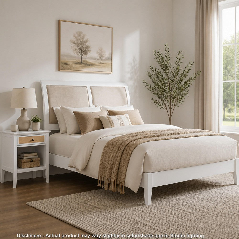 Queen Bedroom Set, White and Beige, 2 Piece Set with Nightstand