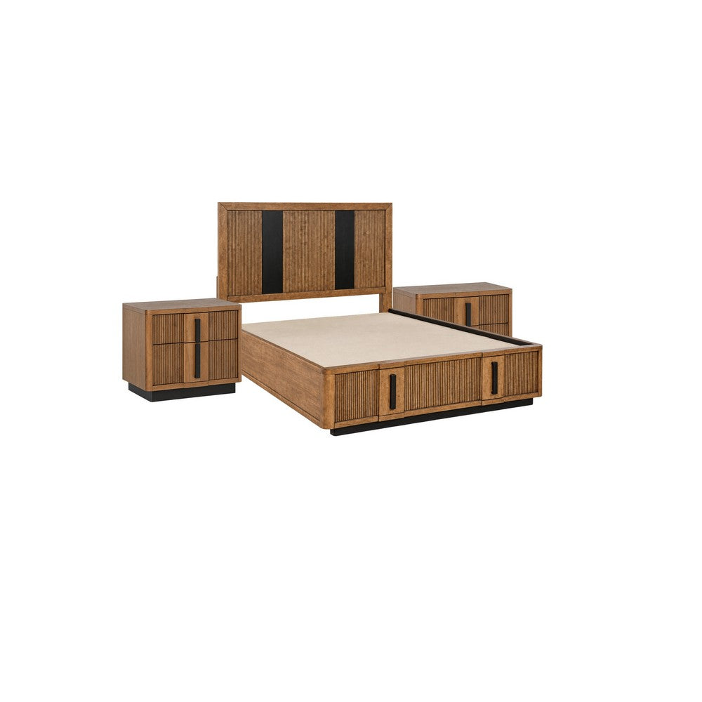 King Bedroom Set, Brown and Black, 3 Piece Set with 2 Nightstands