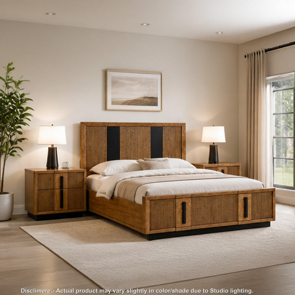 King Bedroom Set, Brown and Black, 3 Piece Set with 2 Nightstands
