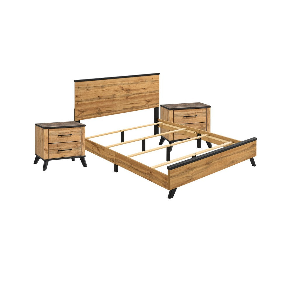 Queen Bedroom Set, Black, Dark Brown, 3 Piece Set with 2 Nightstands