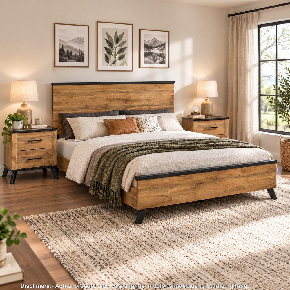 Queen Bedroom Set, Black, Dark Brown, 3 Piece Set with 2 Nightstands