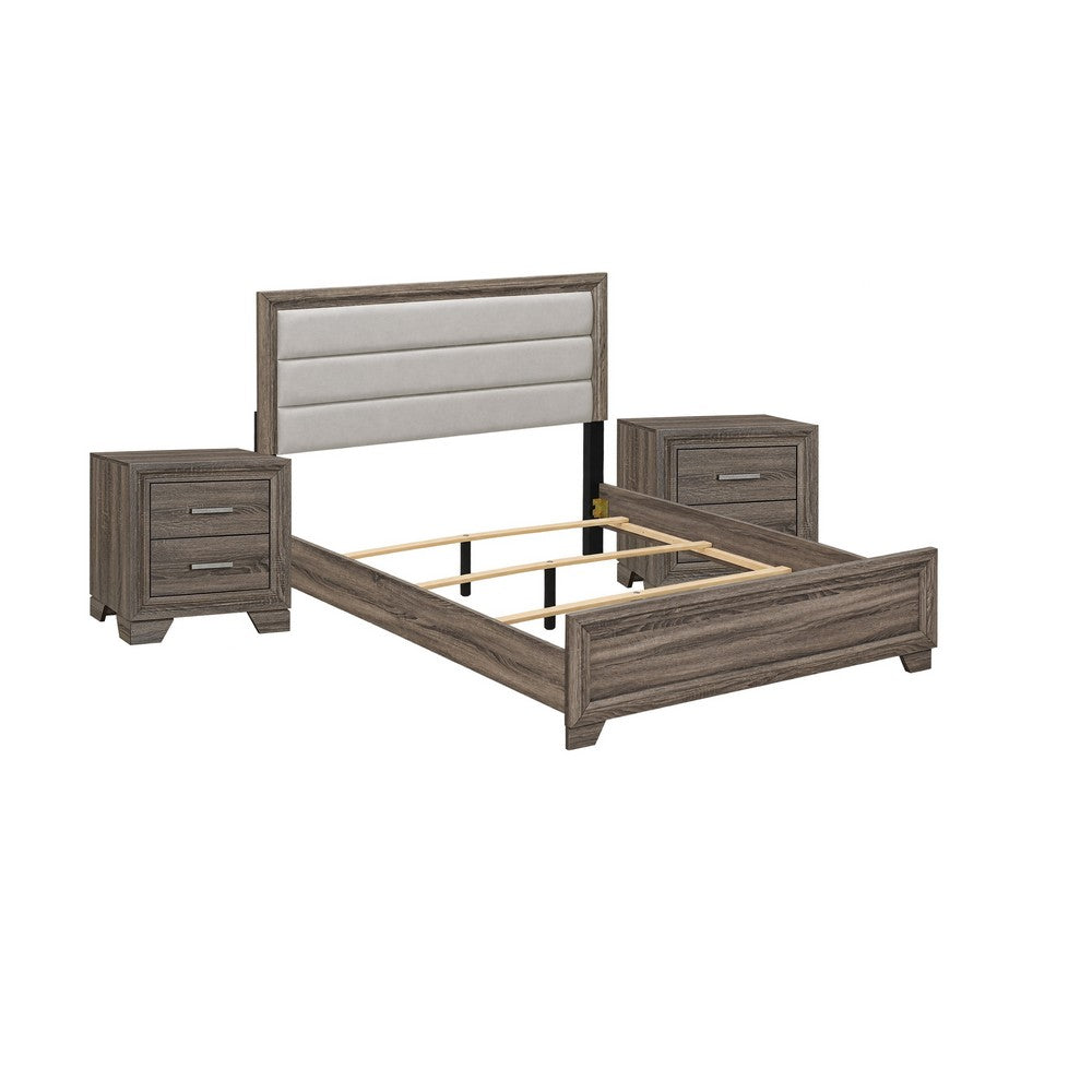 Queen Bedroom Set, Oak Brown, Silver, 3 Piece Set with 2 Nightstands
