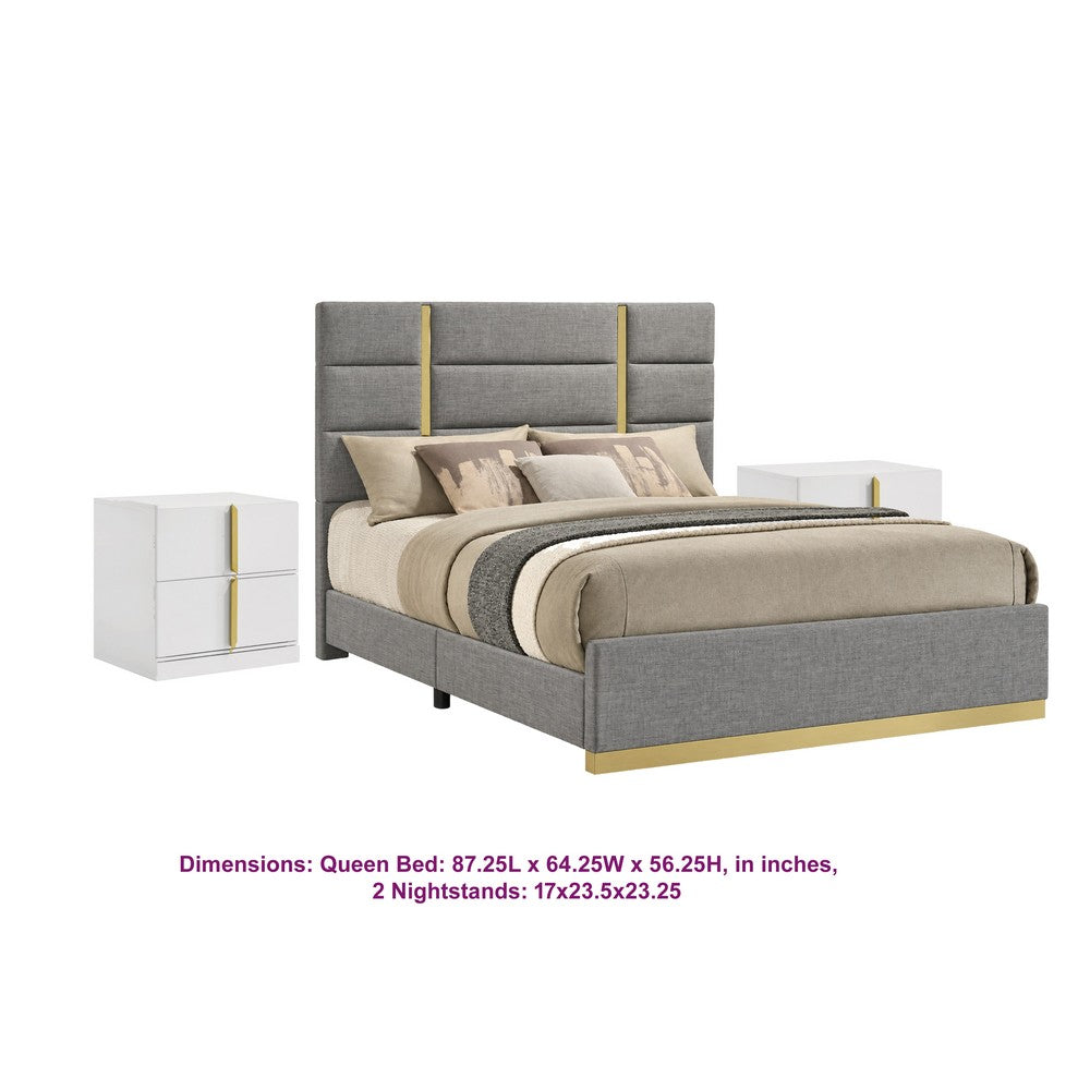 Queen Bedroom Set, Gray, Gold,  White, 3 Piece Set with 2 Nightstands