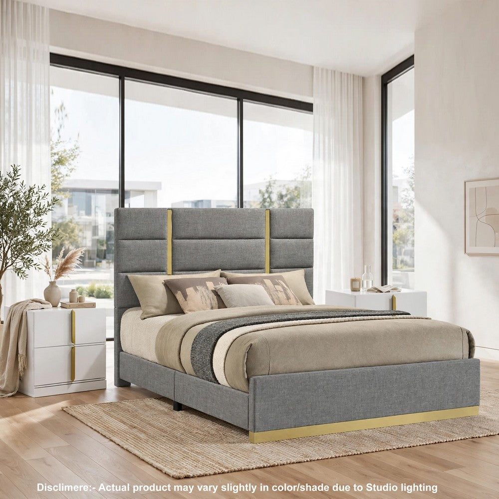 Queen Bedroom Set, Gray, Gold,  White, 3 Piece Set with 2 Nightstands