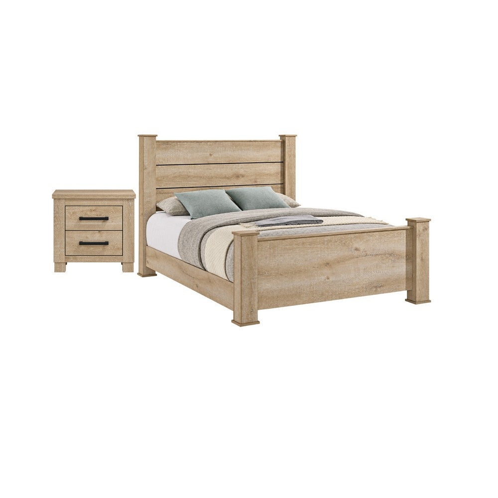 Queen Bedroom Set, Oak Beige and Black, 2 Piece Set with Nightstand