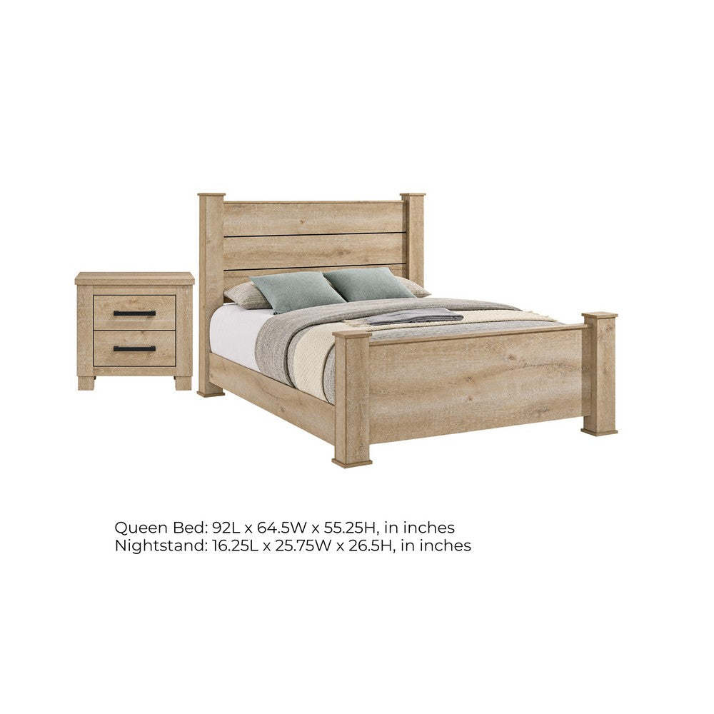 Queen Bedroom Set, Oak Beige and Black, 2 Piece Set with Nightstand