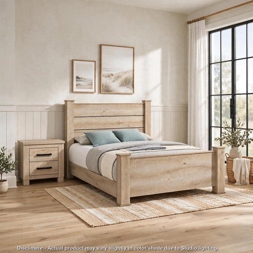Queen Bedroom Set, Oak Beige and Black, 2 Piece Set with Nightstand