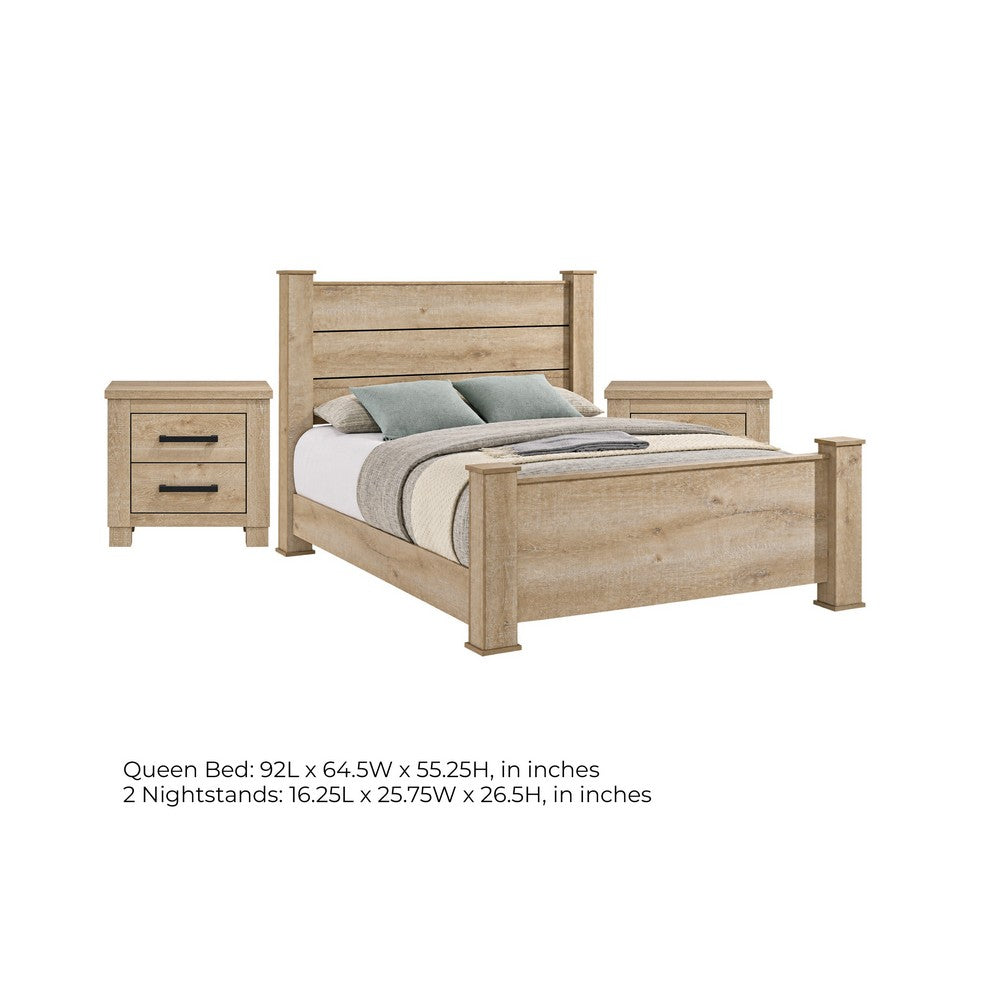 Queen Bedroom Set, Oak Beige and Black, 3 Piece Set with 2 Nightstands