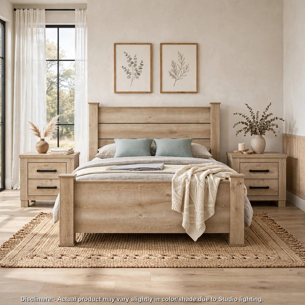 Queen Bedroom Set, Oak Beige and Black, 3 Piece Set with 2 Nightstands