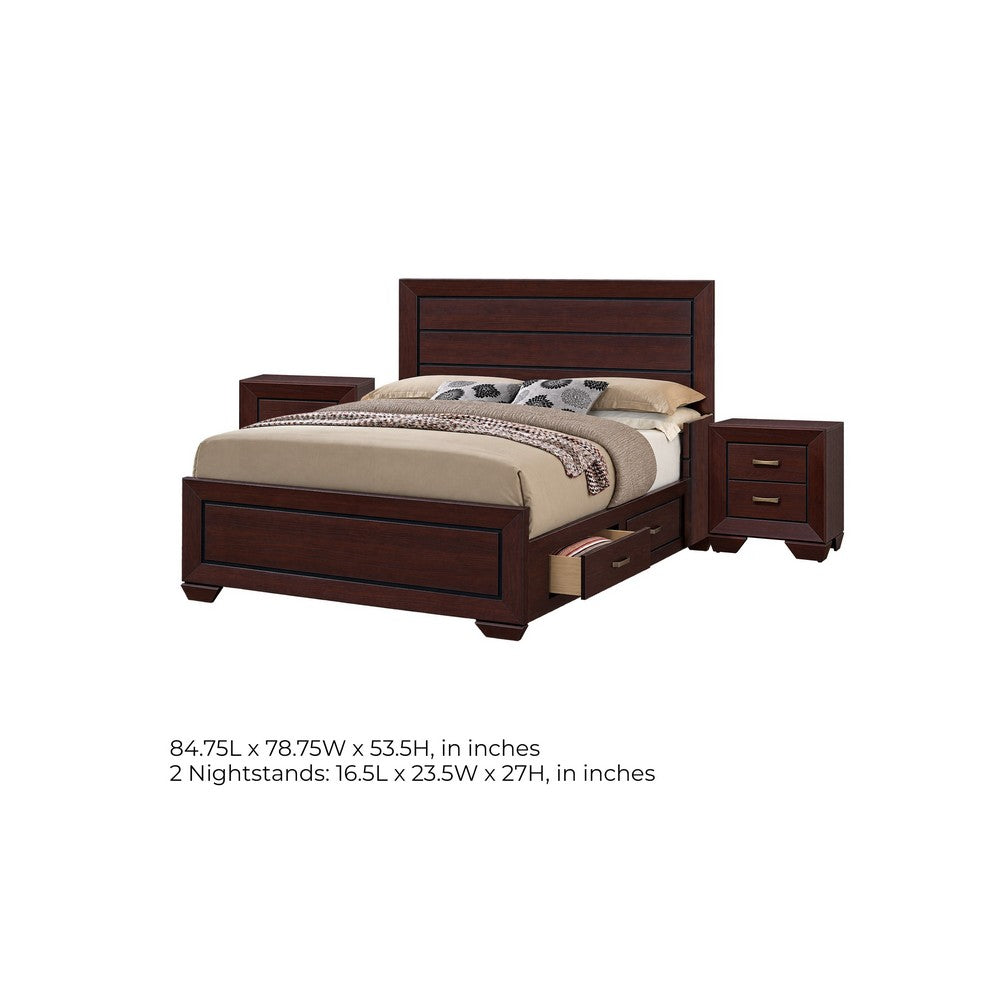 King Bedroom Set, Storage Design, Brown, 3 Piece Set with 2 Nightstands