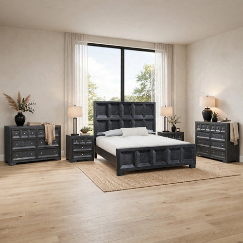 5pc King Bedroom Set, Weathered Black,  2 Nightstands, Dresser and Chest