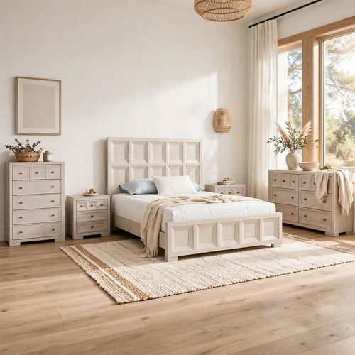 5pc King Bedroom Set, Beige and Bronze, 2 Nightstands, Dresser and Chest