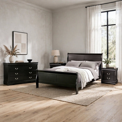 4pc Queen Bedroom Set, Black and Nickel, 2 Nightstands and Dresser