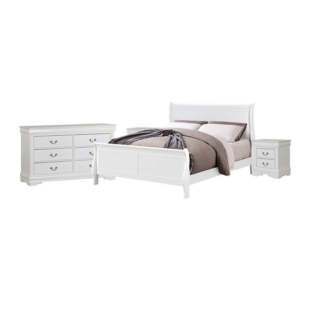 4pc Queen Bedroom Set, White and Nickel, 2 Nightstands and Dresser