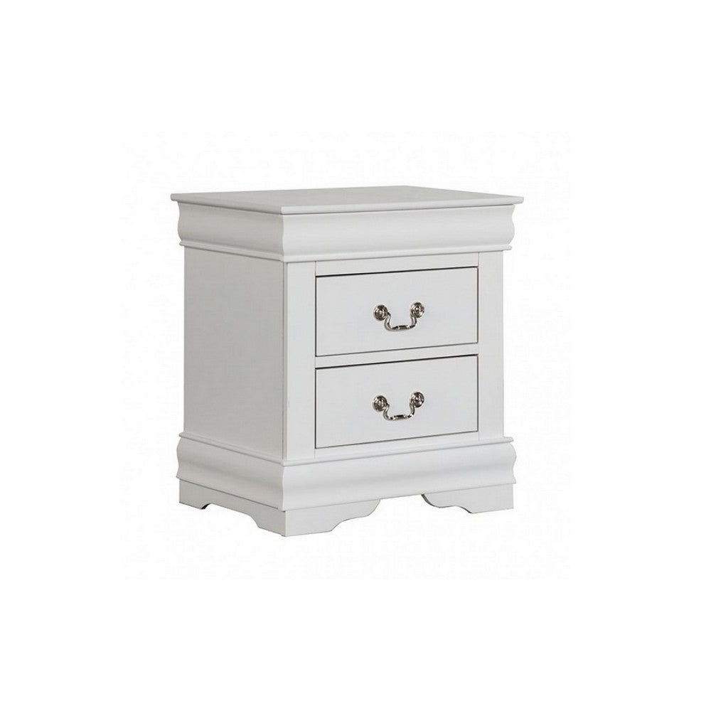 4pc Queen Bedroom Set, White and Nickel, 2 Nightstands and Dresser