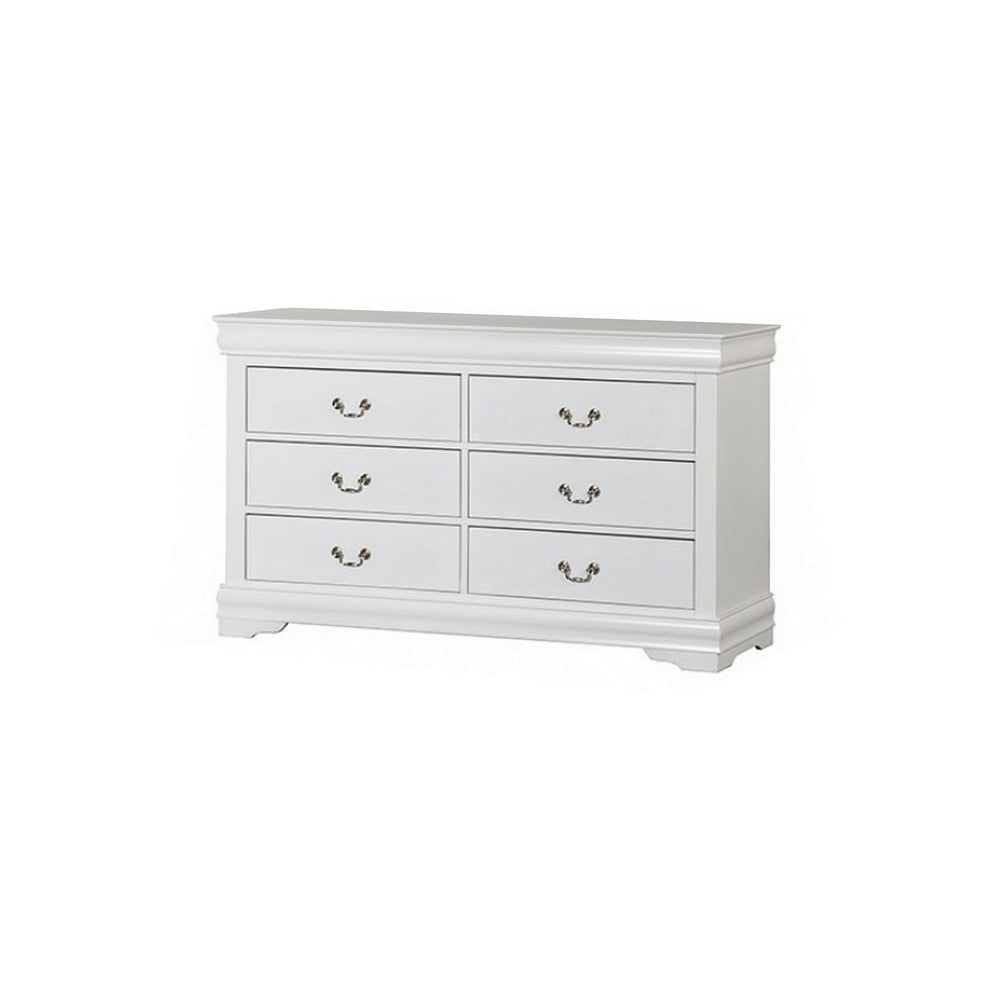 4pc Queen Bedroom Set, White and Nickel, 2 Nightstands and Dresser