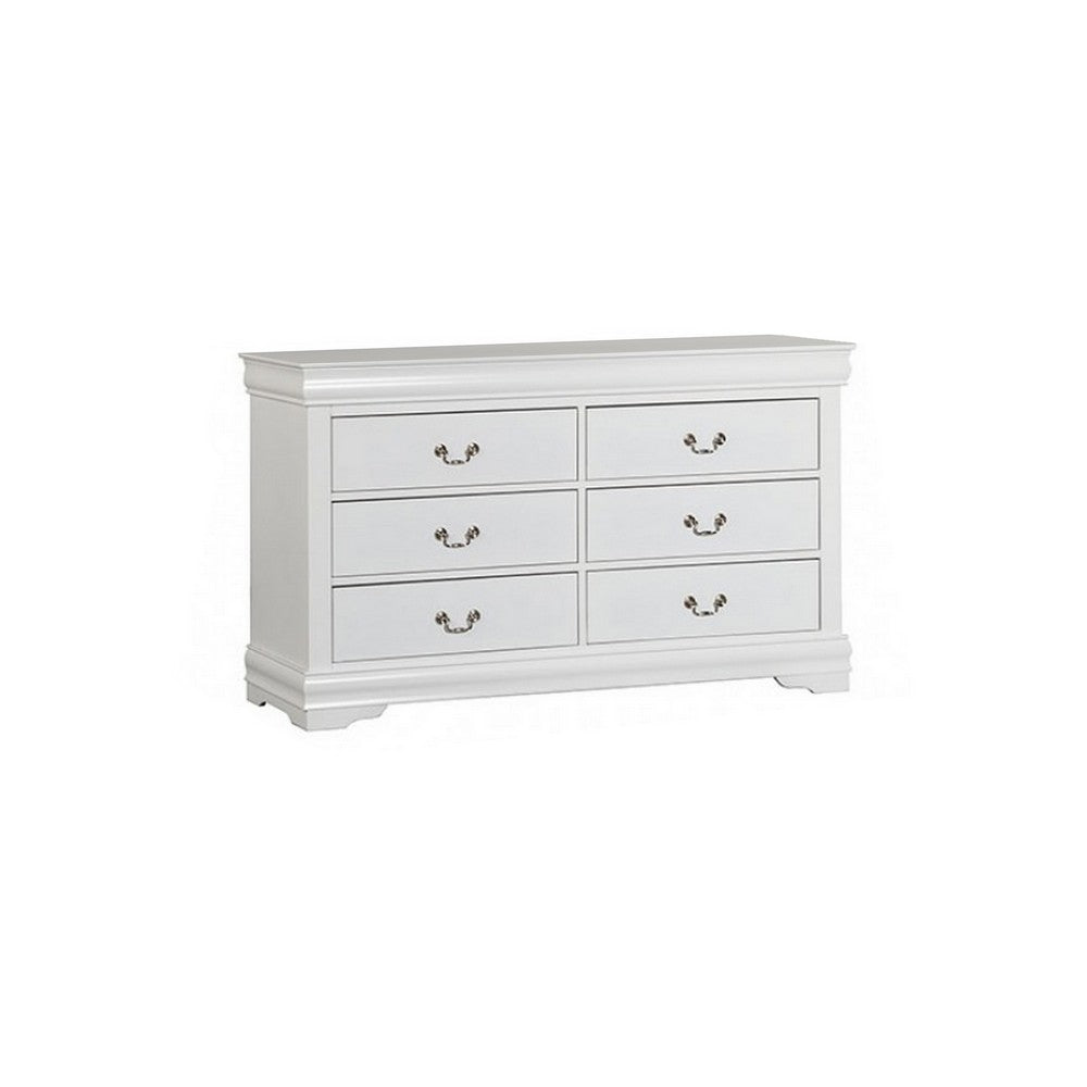 4pc Queen Bedroom Set, White and Nickel, 2 Nightstands and Dresser