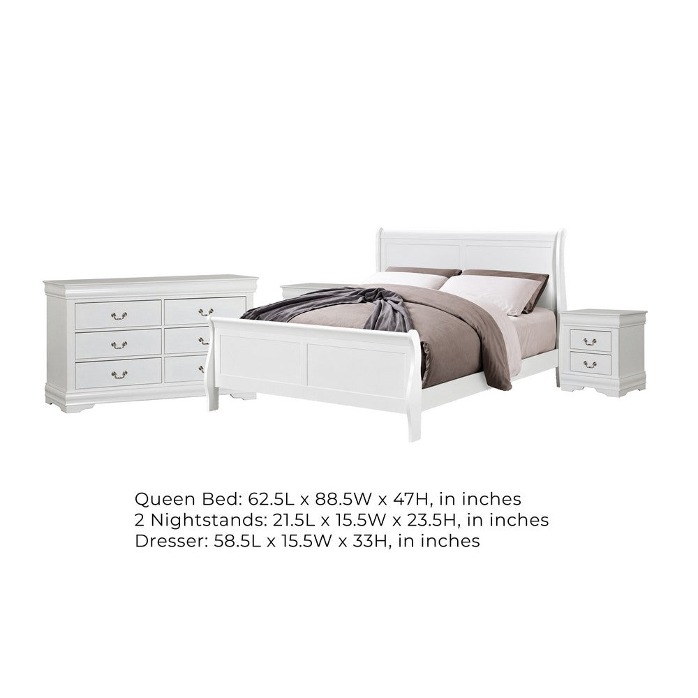 4pc Queen Bedroom Set, White and Nickel, 2 Nightstands and Dresser