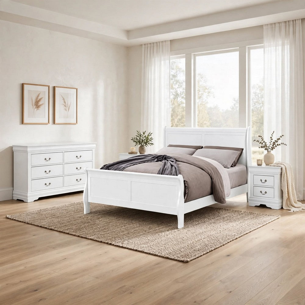 4pc Queen Bedroom Set, White and Nickel, 2 Nightstands and Dresser