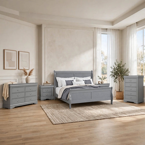 5pc Queen Bedroom Set, Gray and Nickel, 5 Piece Set with 2 Nightstands, Dresser and Chest