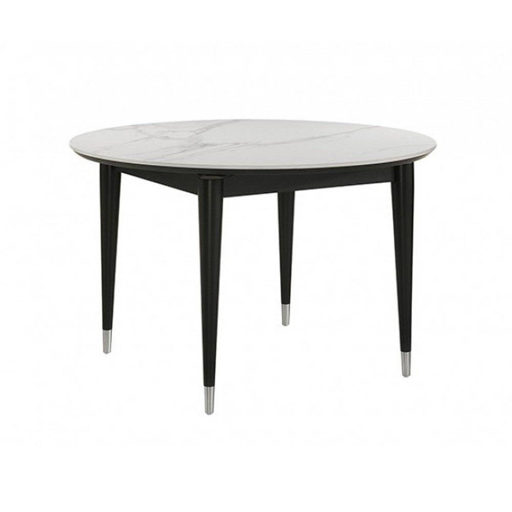 Maddy Round Dining Table | 47" White Sintered Stone Top | Black Wood