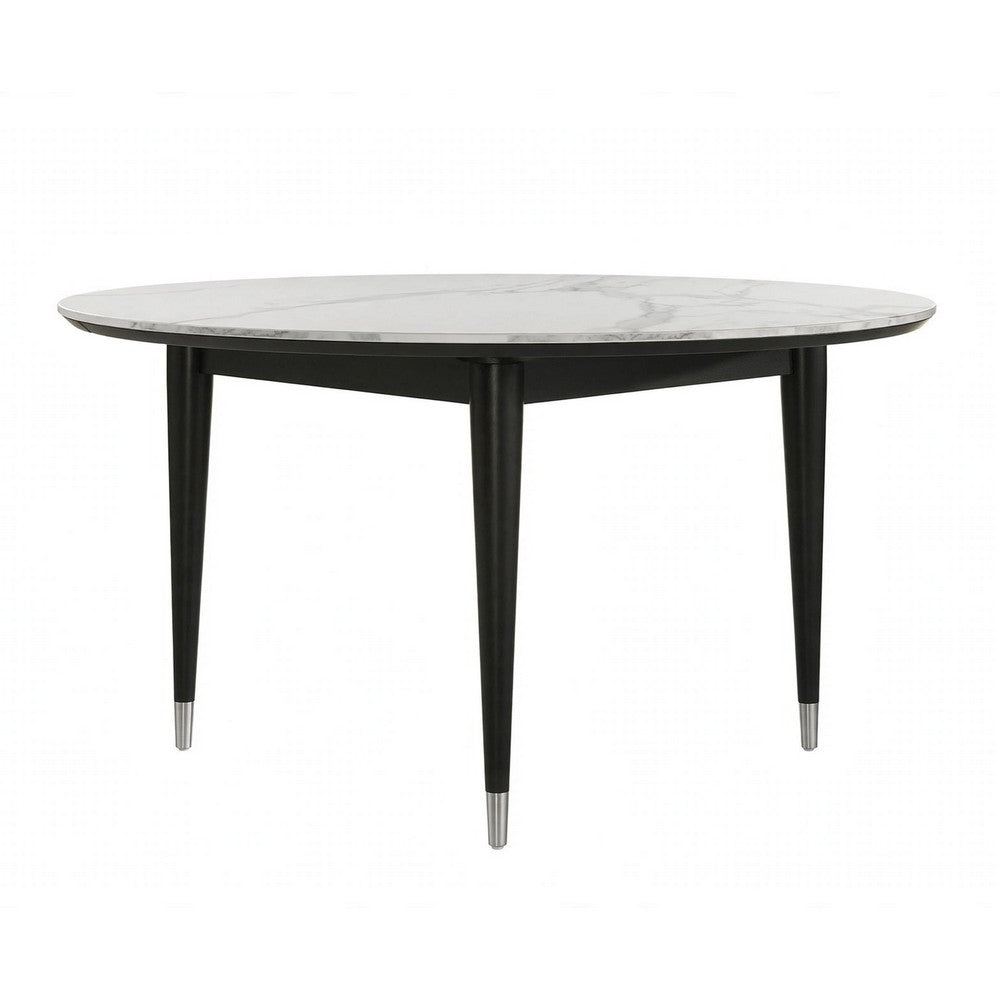 Maddy Round Dining Table | 47" White Sintered Stone Top | Black Wood