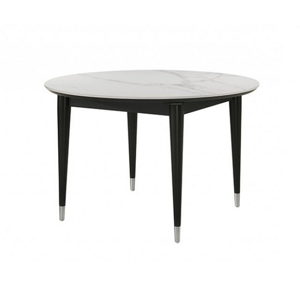 Maddy Round Dining Table | 47" White Sintered Stone Top | Black Wood