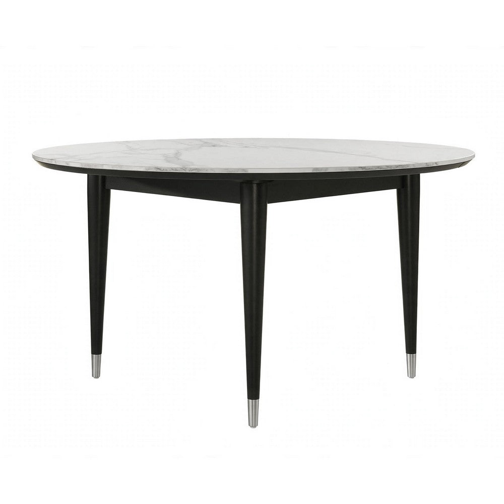 Maddy Round Dining Table | 47" White Sintered Stone Top | Black Wood