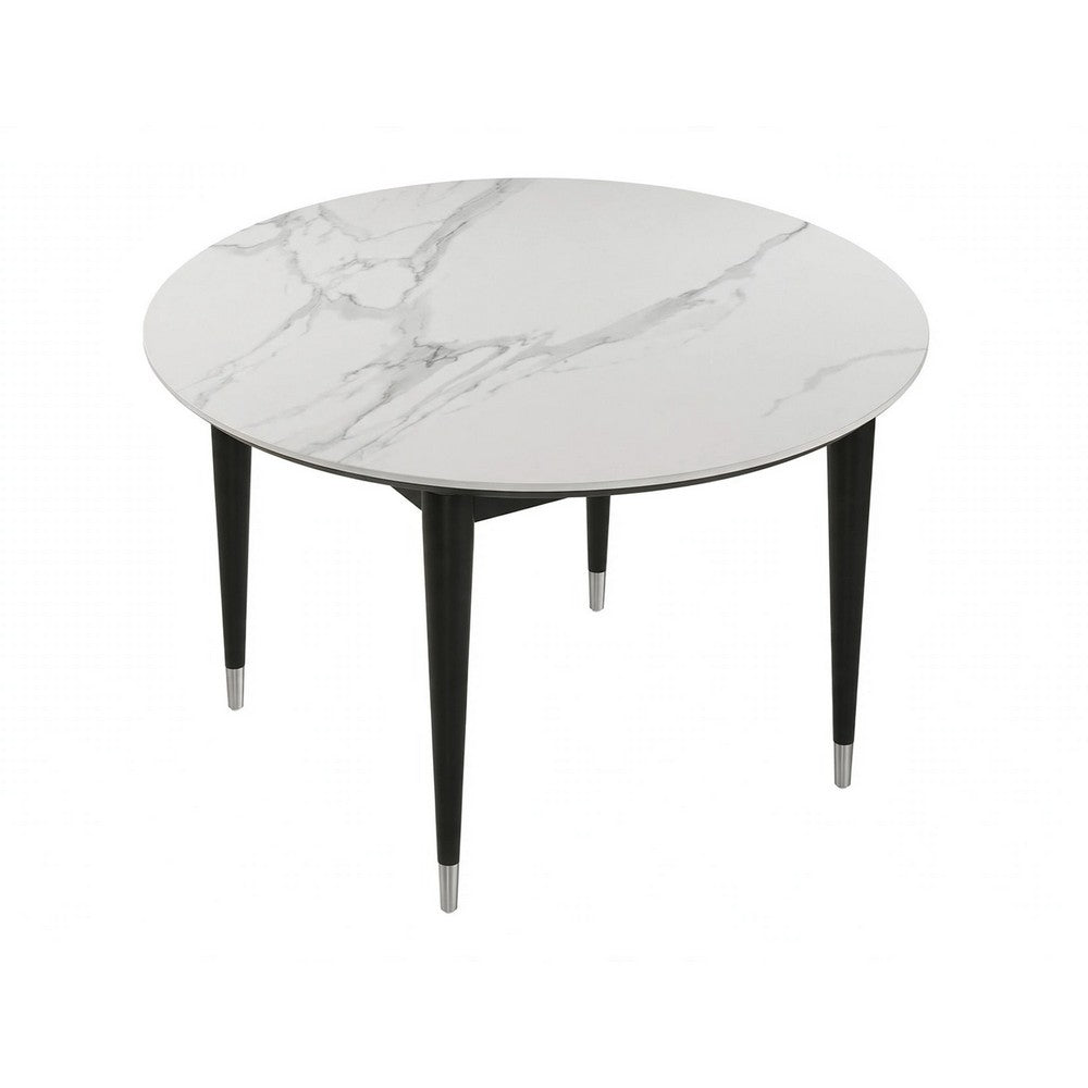 Maddy Round Dining Table | 47" White Sintered Stone Top | Black Wood