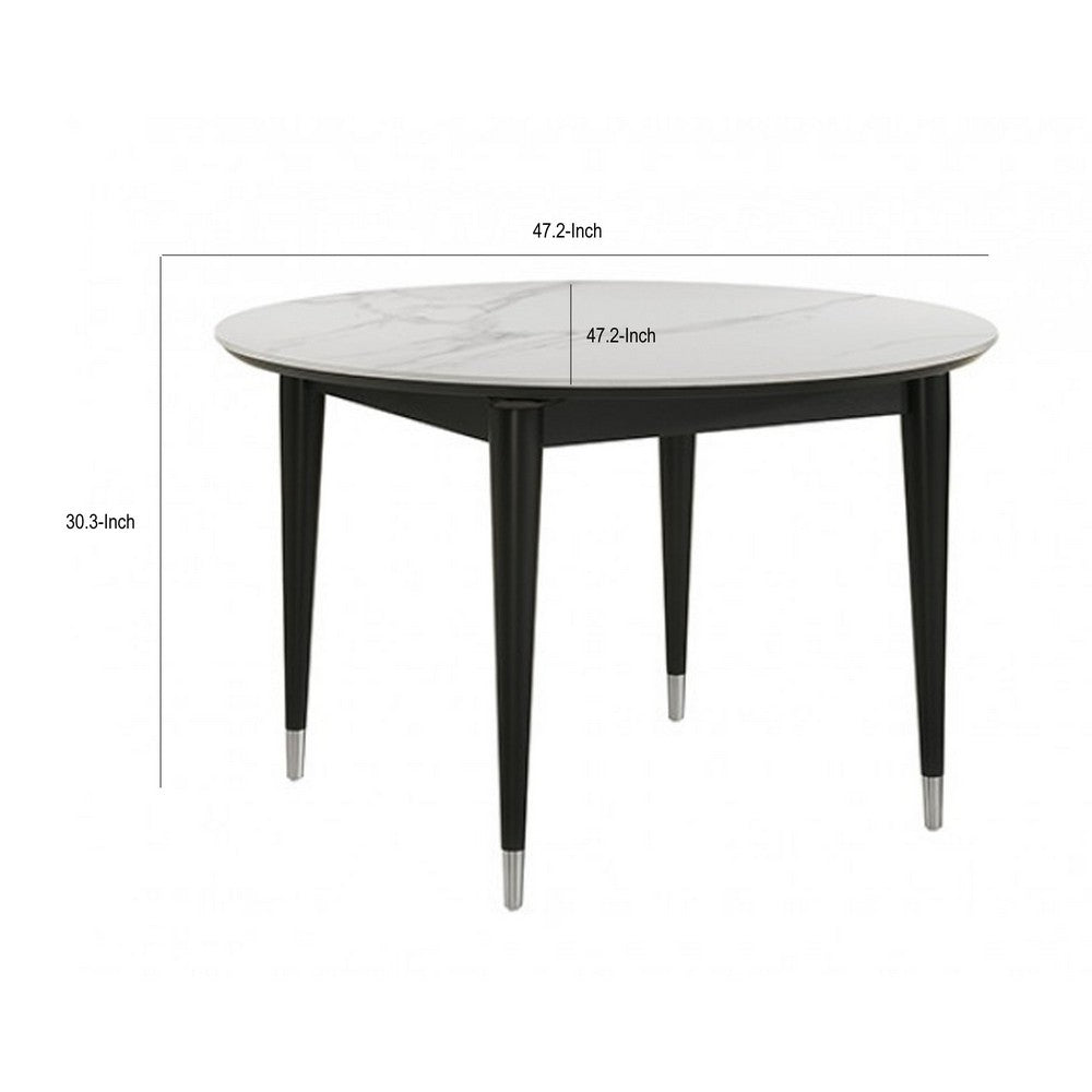 Maddy Round Dining Table | 47" White Sintered Stone Top | Black Wood