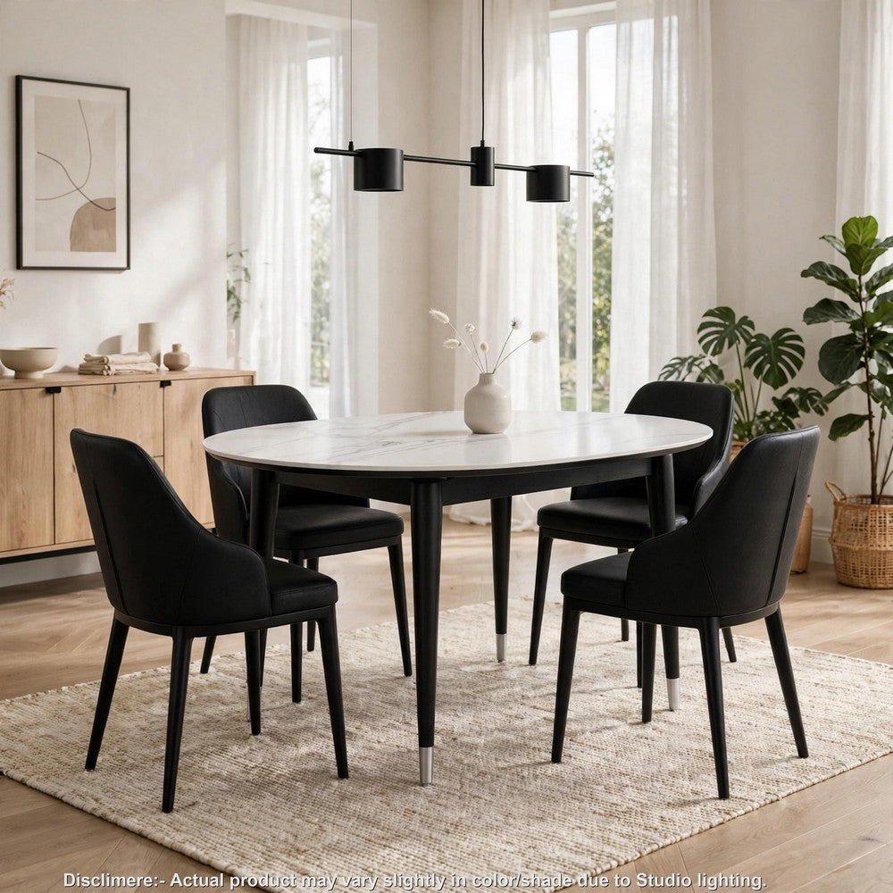 Maddy Round Dining Table | 47" White Sintered Stone Top | Black Wood