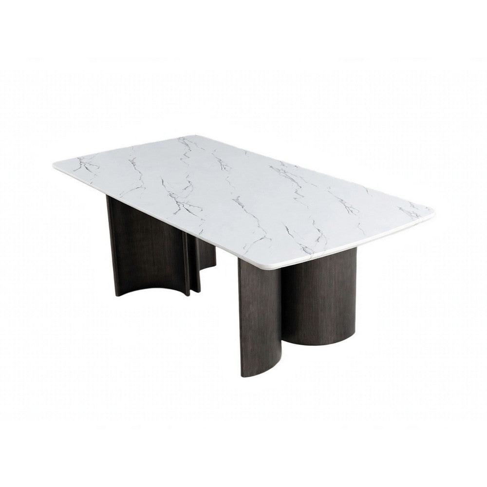 Sely Dining Table | Double Sculpted Pedestal Base | 78" White Faux Marble