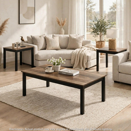 Traya 3-Piece Modern Coffee and End Table Set with Solid Wood Black Legs | Brown