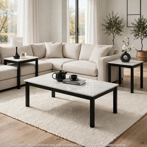 Traya 3Pc Accent Table Set with Solid Wood Legs | White Faux Marble