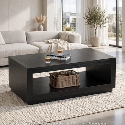 Dane Contemporary Coffee Table with Open Shelf | Black Oak Veneer | 48"