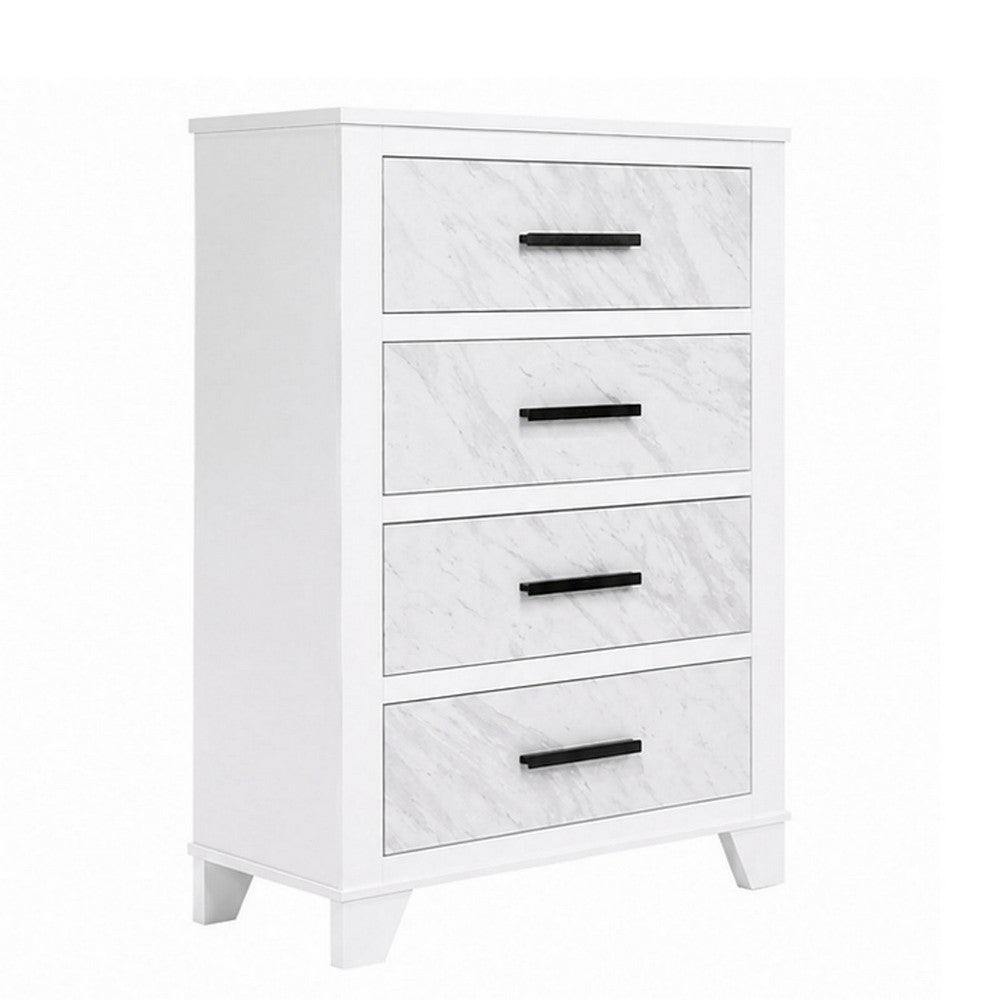 Feza Tall Dresser Chest with 4 Drawers | Faux Marble Accents | White