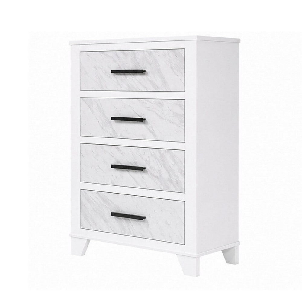 Feza Tall Dresser Chest with 4 Drawers | Faux Marble Accents | White