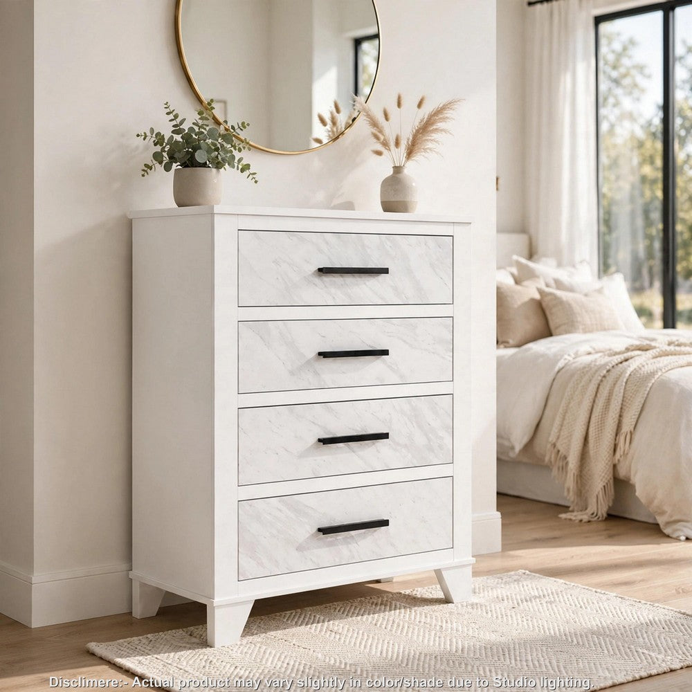Feza Tall Dresser Chest with 4 Drawers | Faux Marble Accents | White