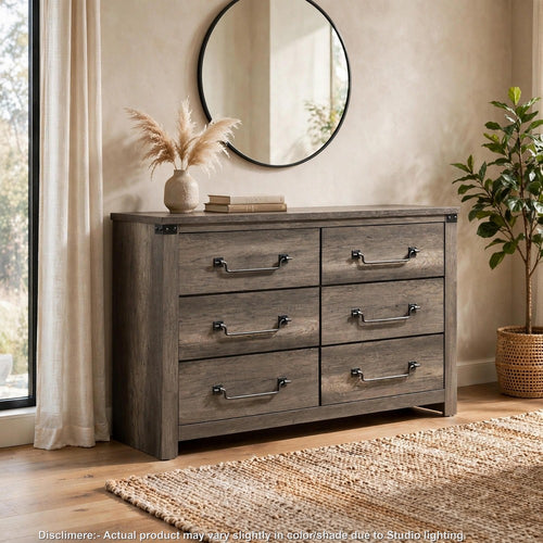 Bry Wide Dresser with 6 Drawers | Metal Handles | Rustic Gray Wood