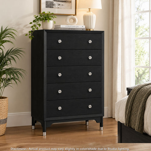 Tora Tall Dresser Chest with 5 Drawers | Silver Accents | Black Wood