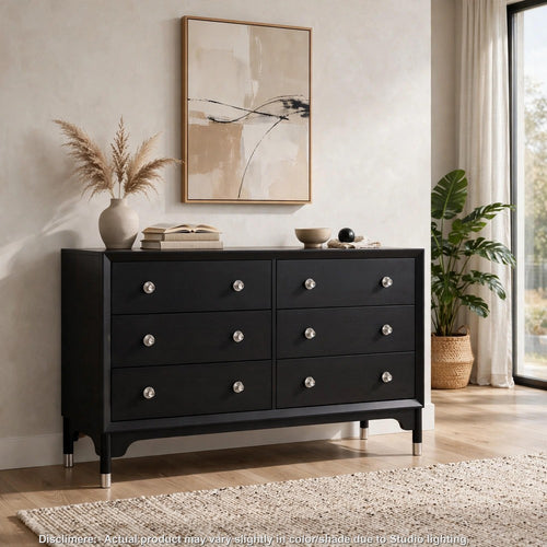 Tora Wide Dresser with 6 Drawers | Silver Accents | Black Wood