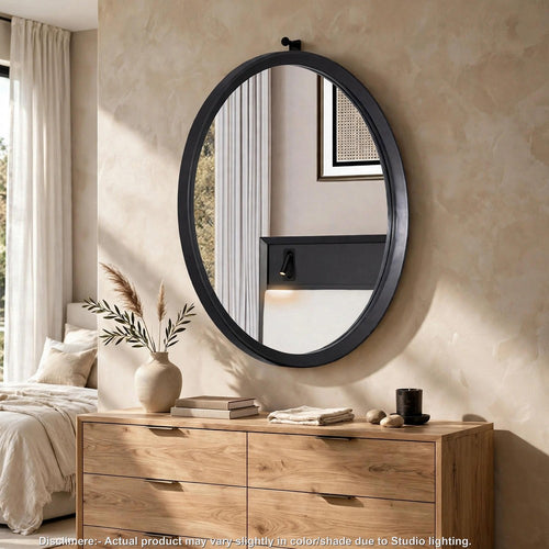 Tora Round Dresser Mirror with Beveled Frame Details | Black Wood 36 Inch