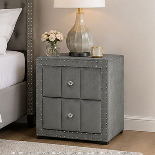 Fysa Nightstand with 2 Drawers | Nailhead Trim | Dark Gray Tufted Fabric