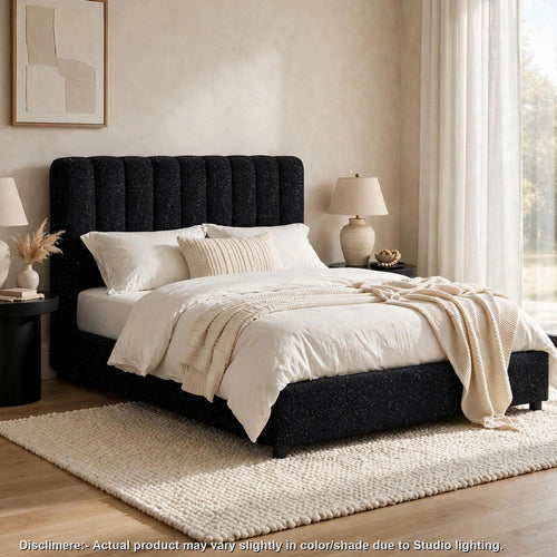Soru King Size Bed | Vertical Channel Tufted | Black Boucle Upholstery