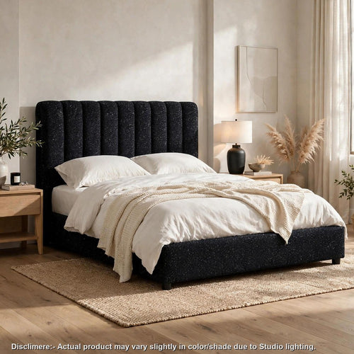 Soru Full Size Bed | Vertical Channel Tufted | Black Boucle Upholstery