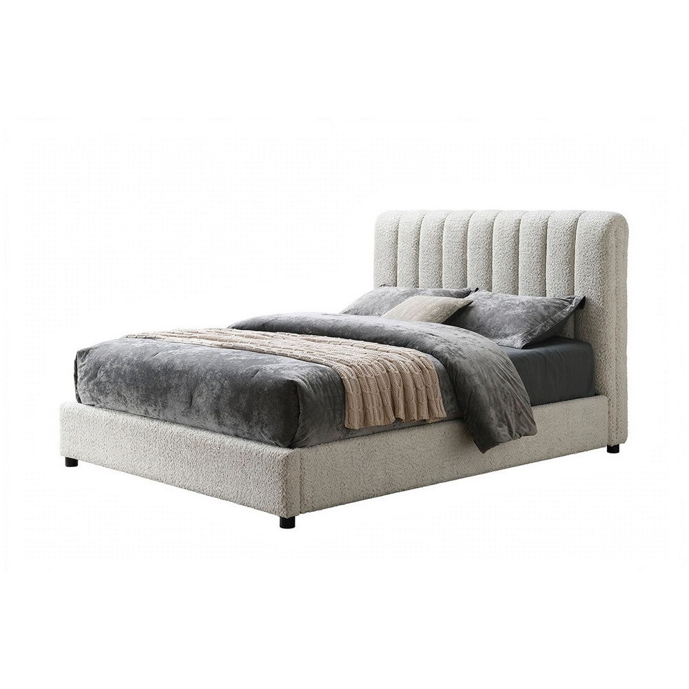 Soru Queen Size Bed | Vertical Channel Tufted | White Boucle Upholstery
