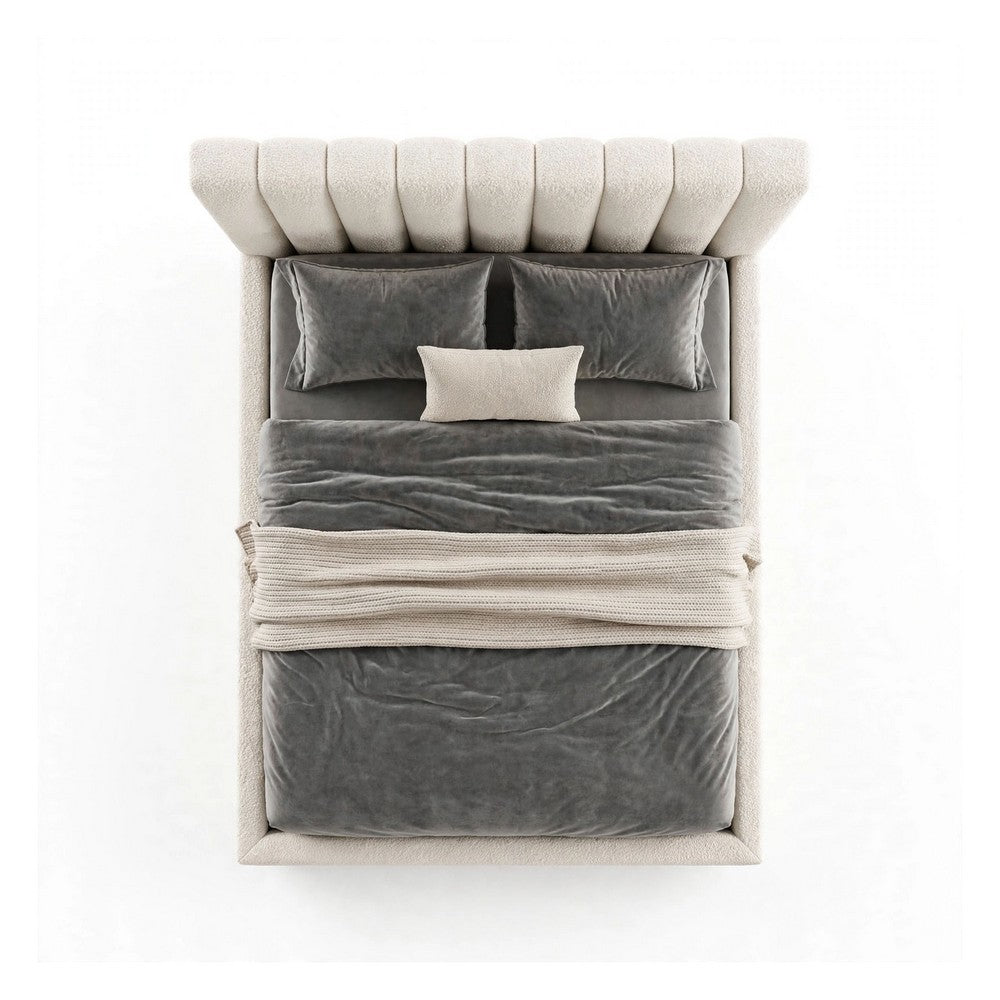 Soru Queen Size Bed | Vertical Channel Tufted | White Boucle Upholstery