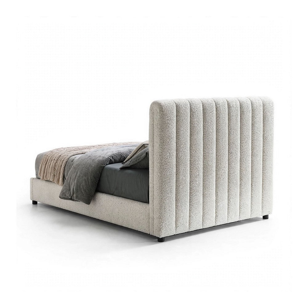 Soru Queen Size Bed | Vertical Channel Tufted | White Boucle Upholstery