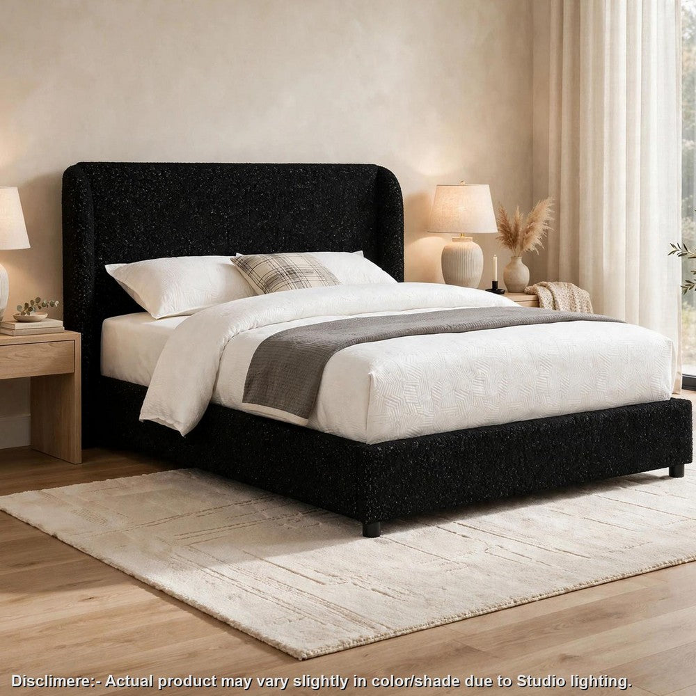 Inya King Size Bed | Shelter Padded Headboard | Black Boucle Upholstery