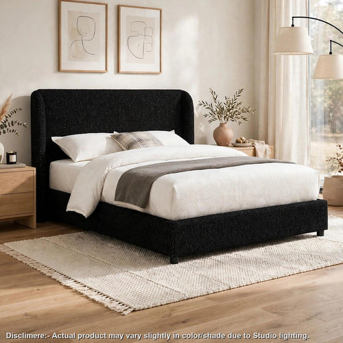 Inya Full Size Bed | Shelter Padded Headboard | Black Boucle Upholstery